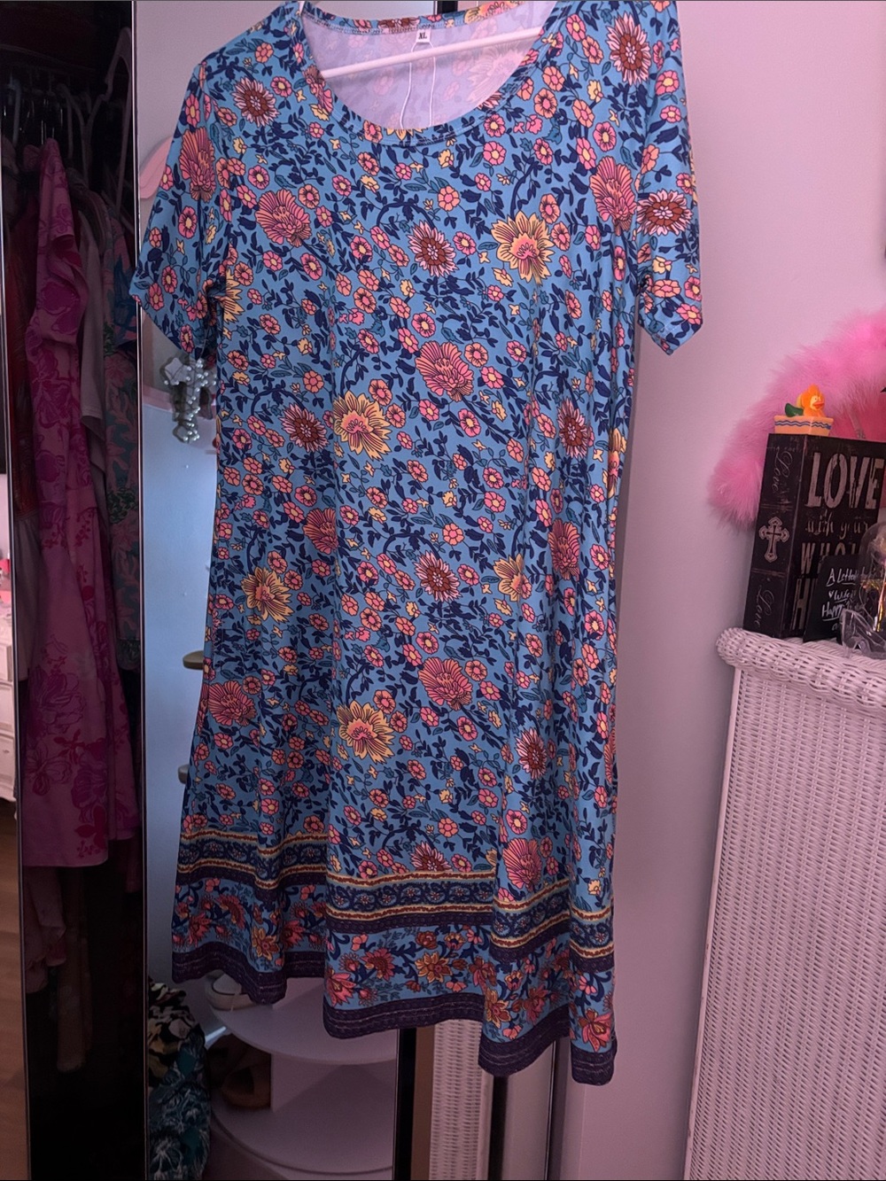 Blue Floral Short-Sleeve A-Line Dress